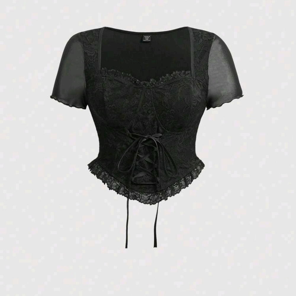 SHEIN Black Lace-Up Corset Crop Top with Sheer Short Sleeves